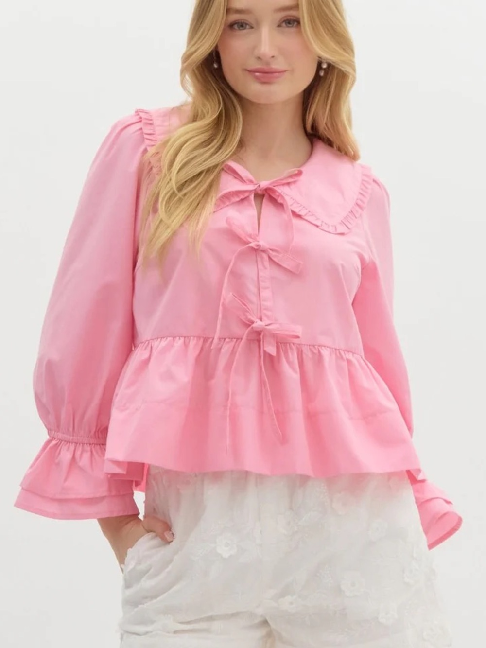 Entro Pink Peter Pan Collar Peplum Top Small Cotton Tie Front Bow Blouse